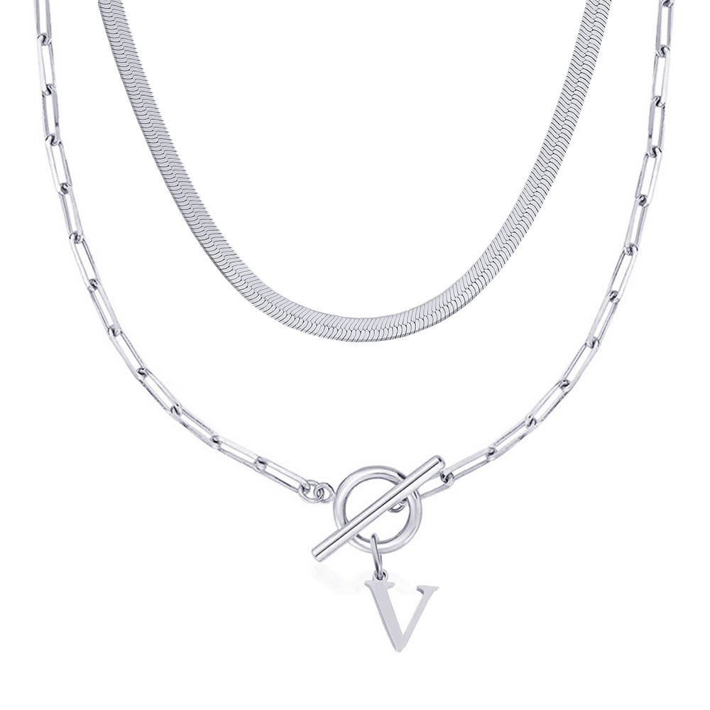 2pc Paperclip Initial Toggle Clasp & Herringbone Necklace Set