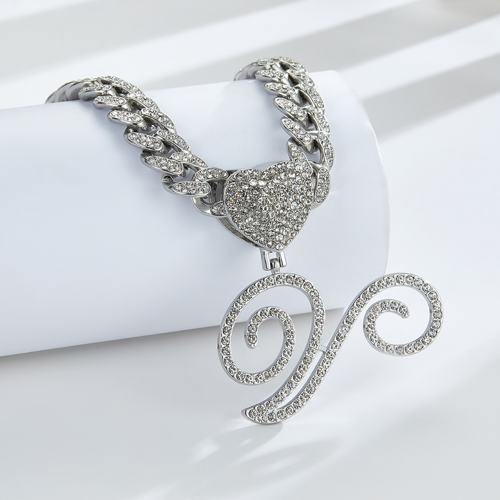 Cursive Diamond Accented Initial Cuban Heart Necklace