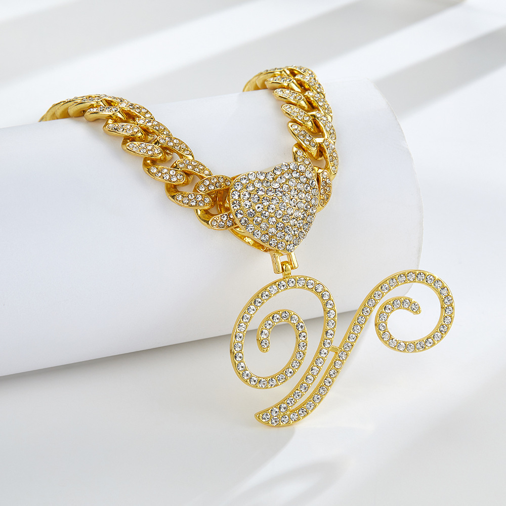 Cursive Diamond Accented Initial Cuban Heart Necklace
