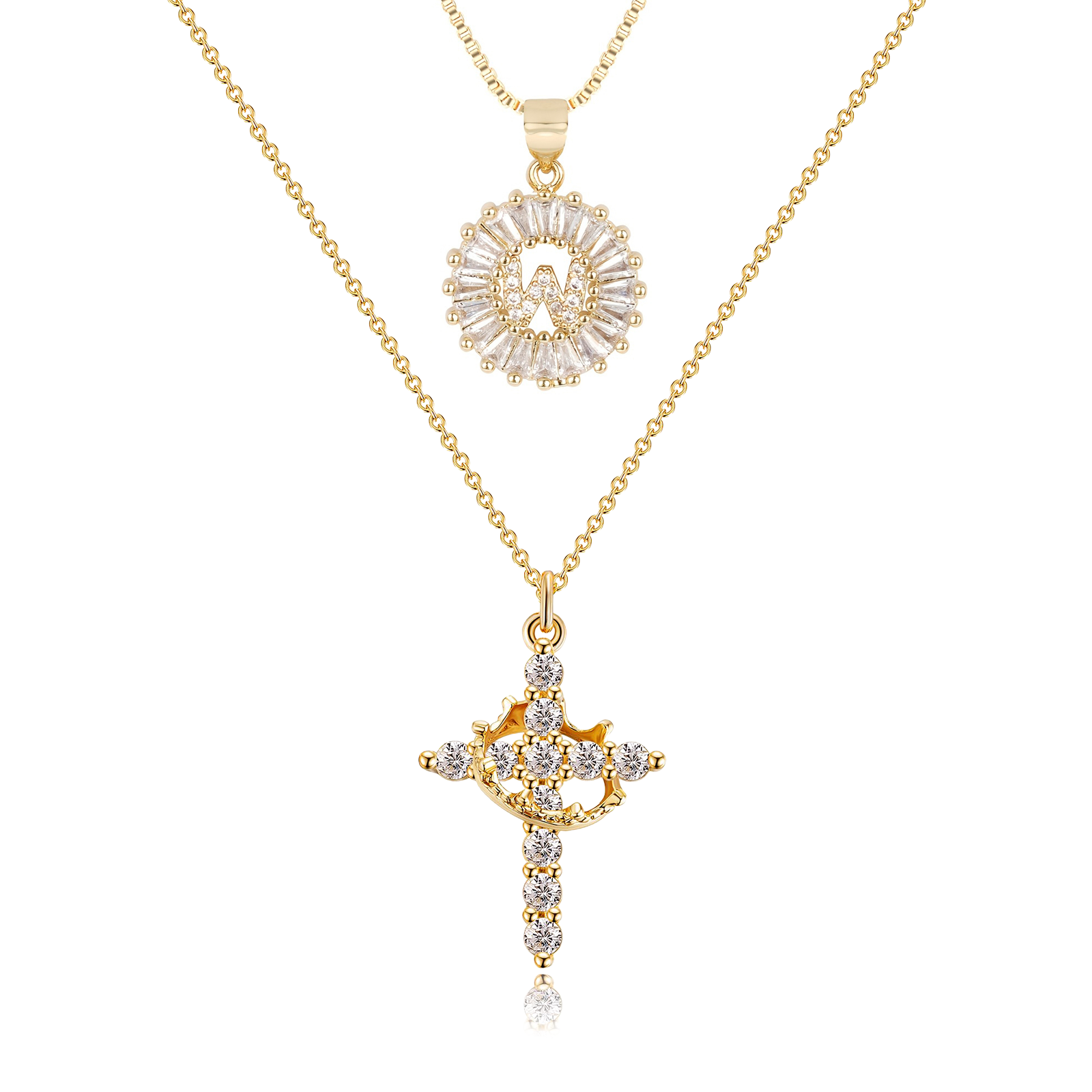 2pc 14k Diamond Cross Crown & Initial Necklace Set