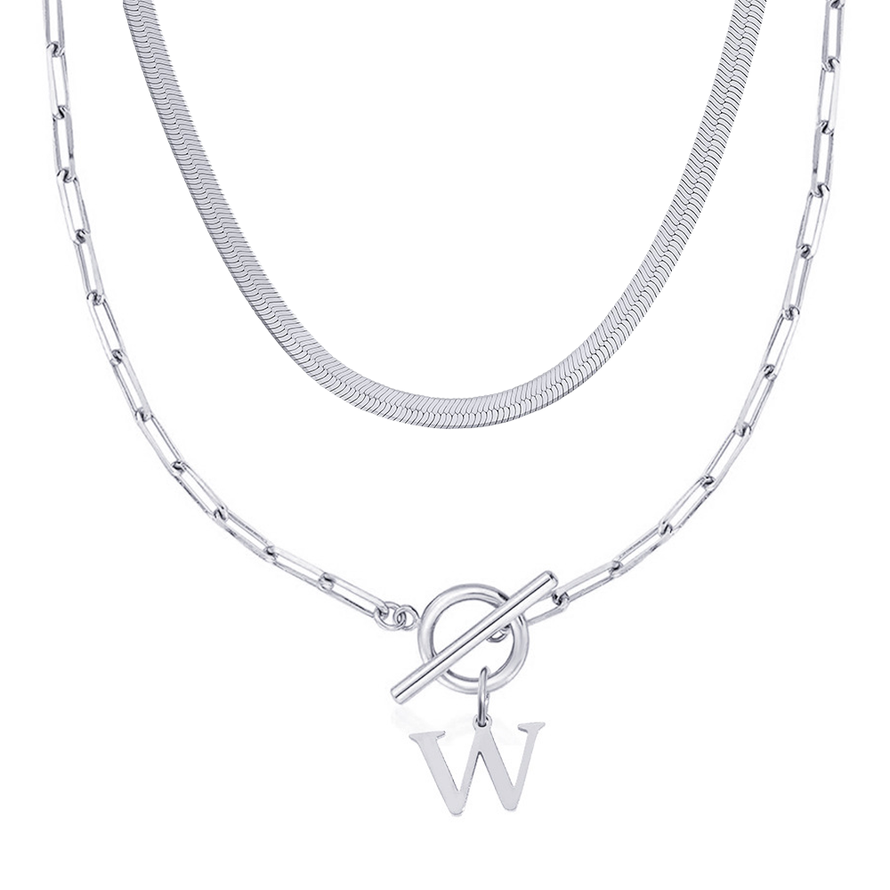 2pc Paperclip Initial Toggle Clasp & Herringbone Necklace Set