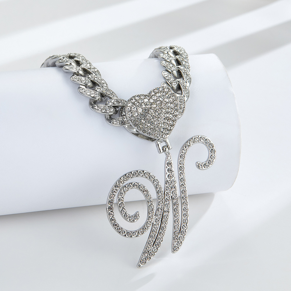Cursive Diamond Accented Initial Cuban Heart Necklace