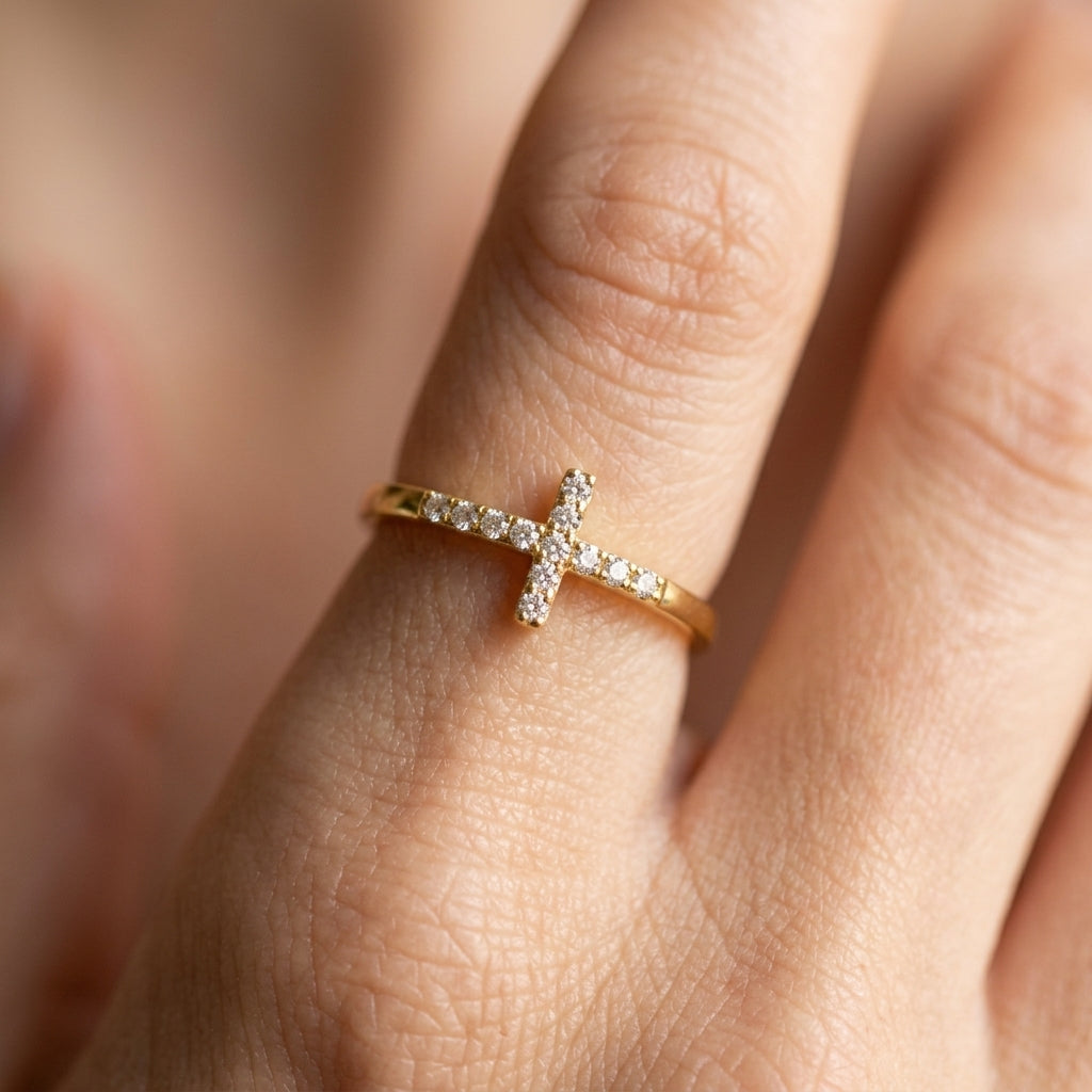 14k Diamond Accented Cross Ring