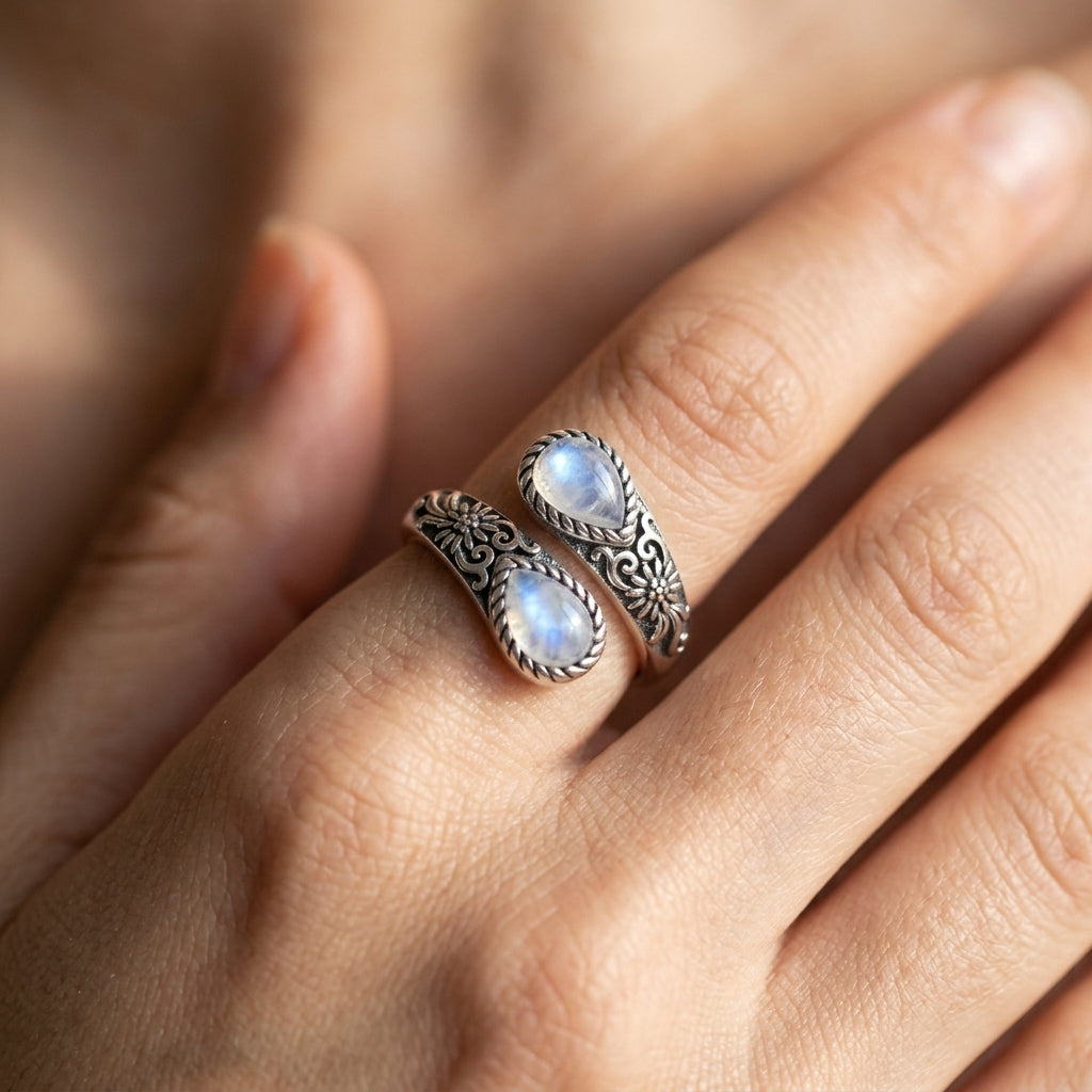 Adjustable Floral Accent Moonstone Ring