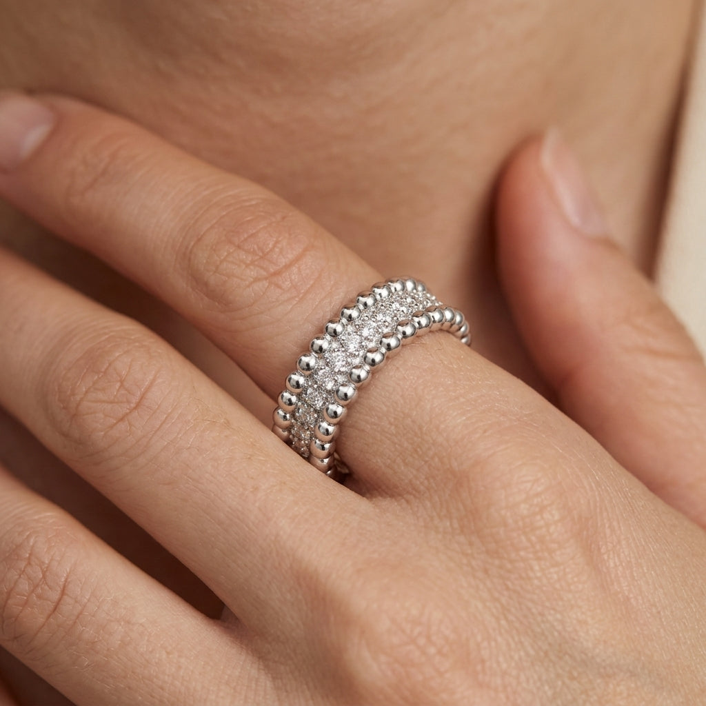 Elegant Beaded Bordered CZ Ring