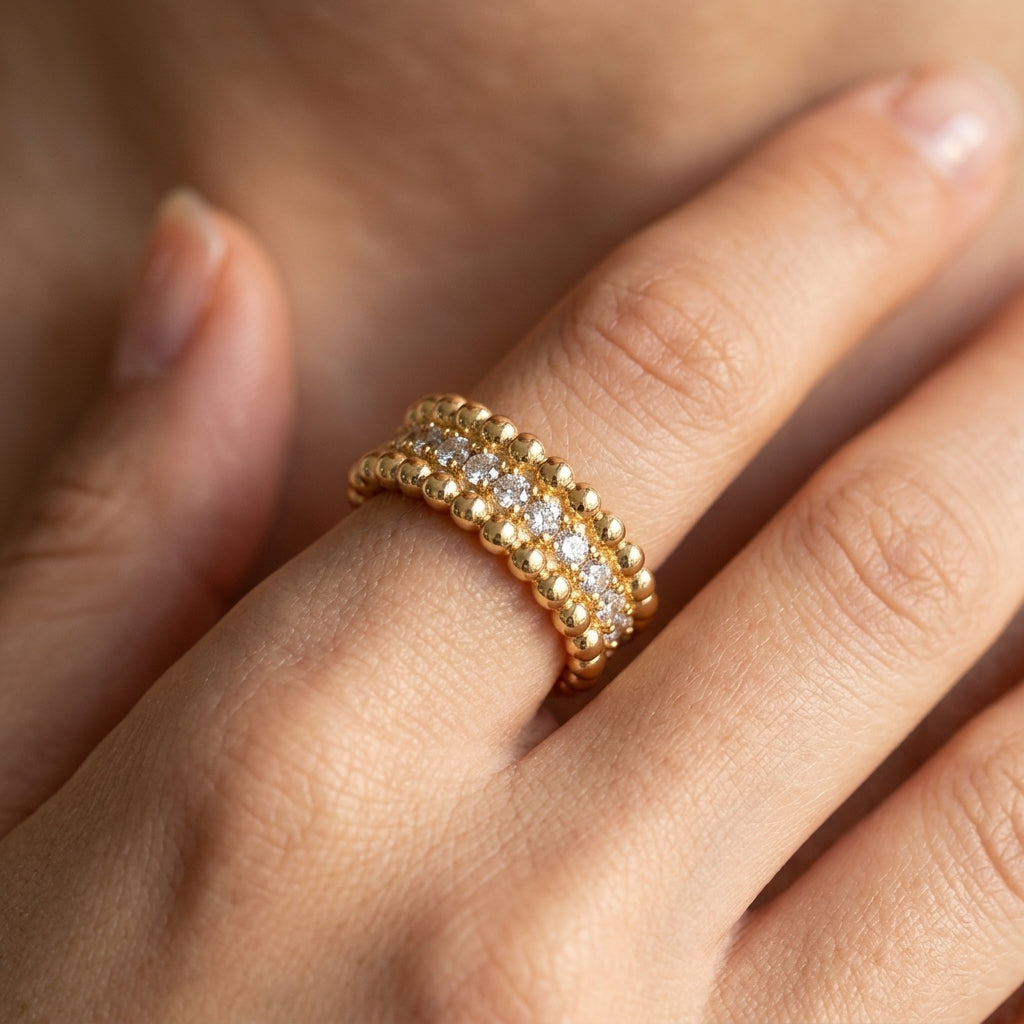 Elegant Beaded Bordered CZ Ring