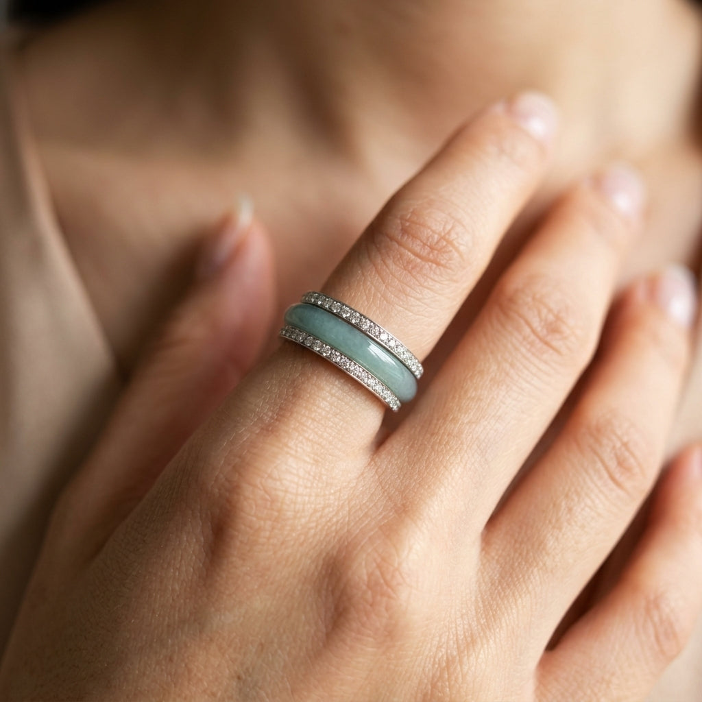 Elegant CZ Accented Jade Ring Stack