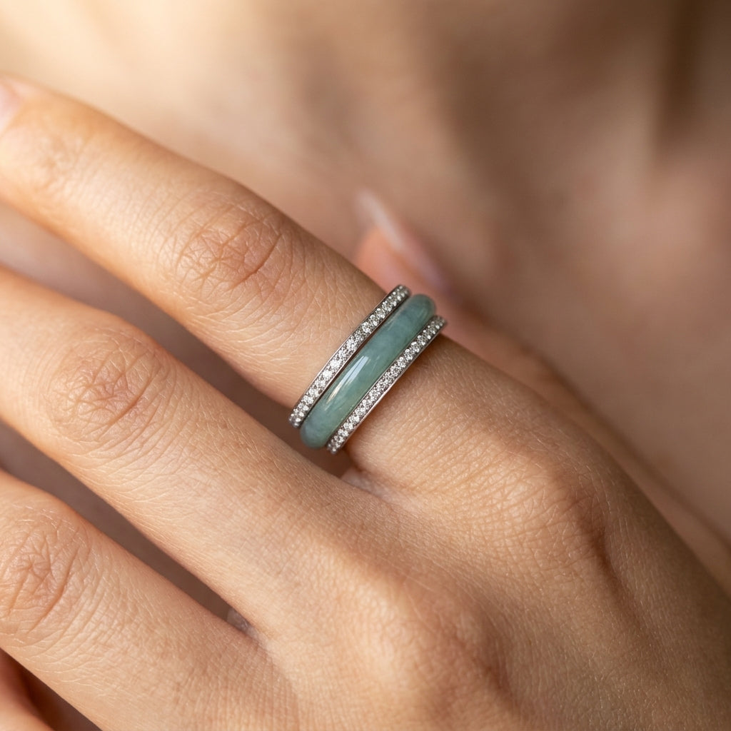Elegant CZ Accented Jade Ring Stack