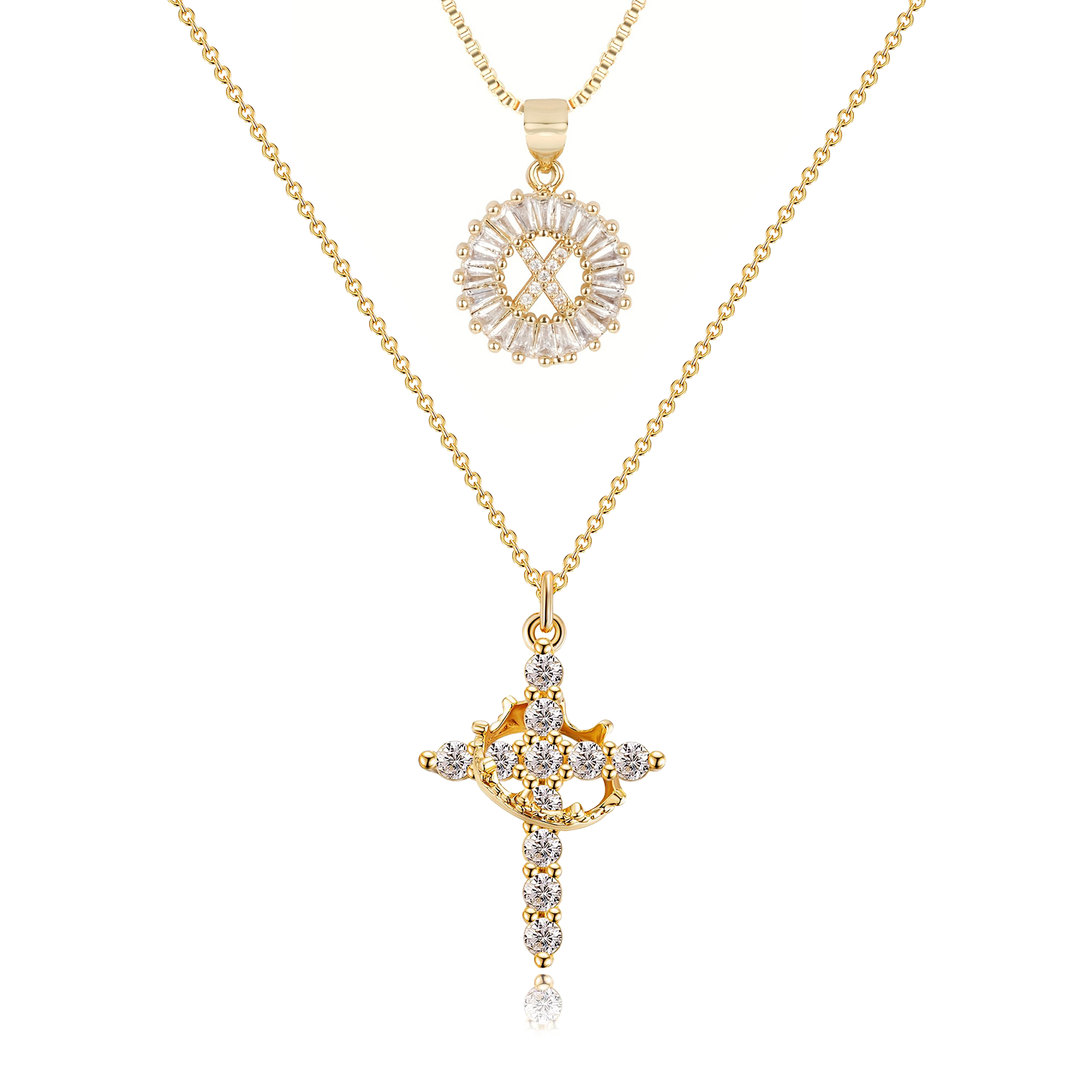 2pc 14k Diamond Cross Crown & Initial Necklace Set