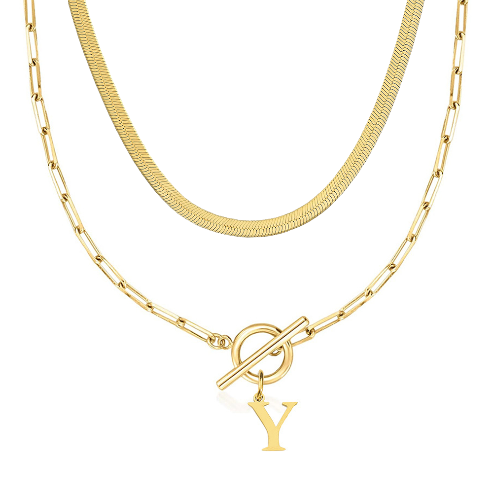 2pc Paperclip Initial Toggle Clasp & Herringbone Necklace Set