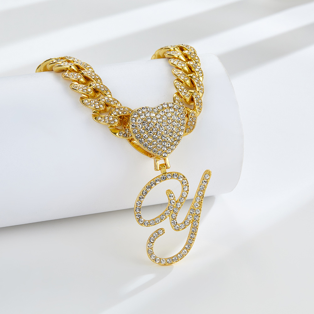 Cursive Diamond Accented Initial Cuban Heart Necklace