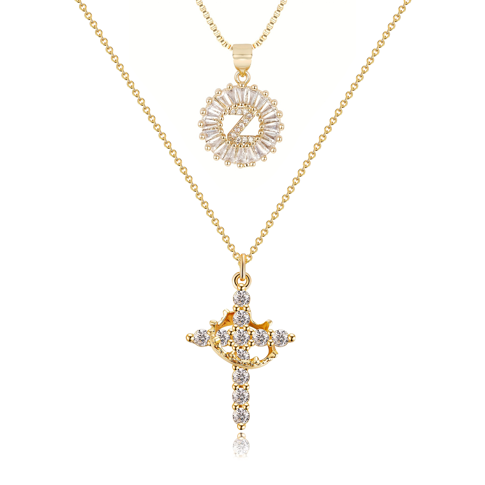 2pc 14k Diamond Cross Crown & Initial Necklace Set