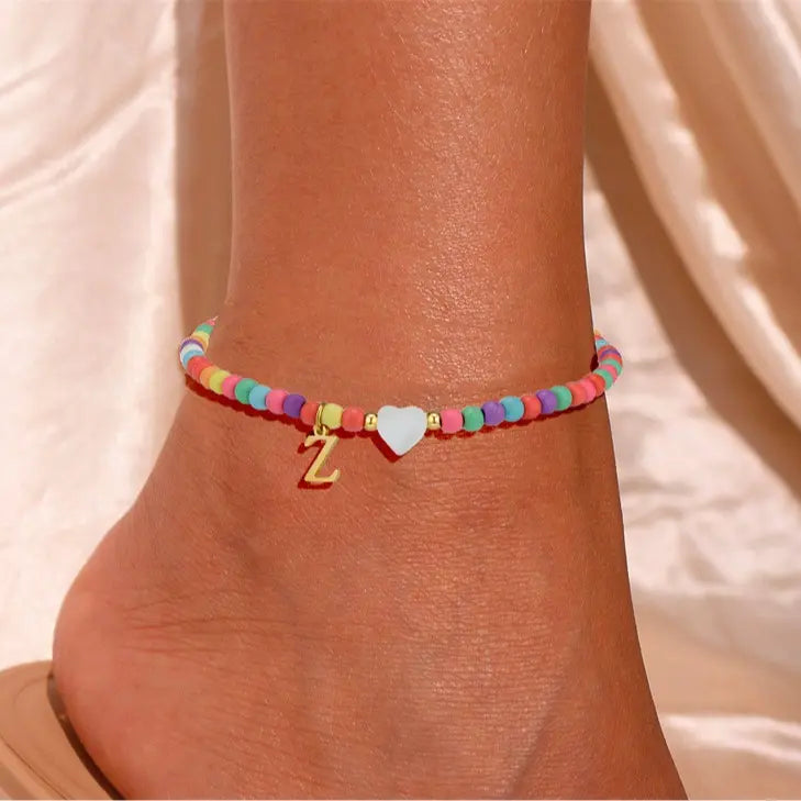 Colorful Pearl Heart Initial Anklet