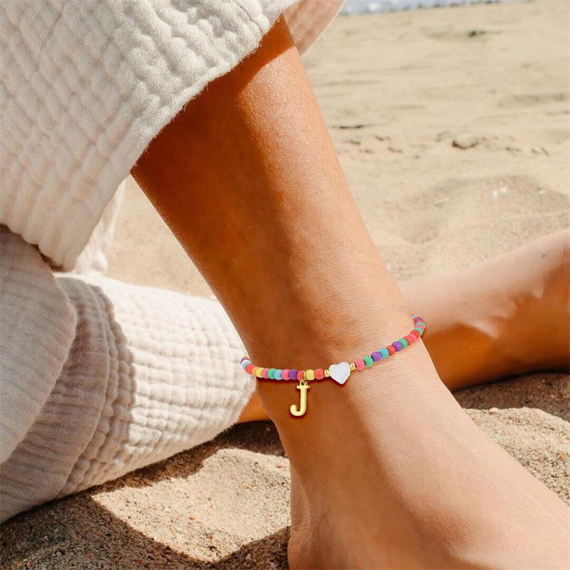 Colorful Pearl Heart Initial Anklet