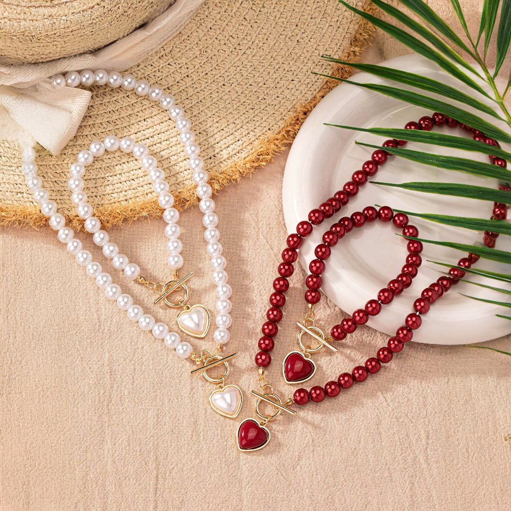 2pc Beaded Heart Pendant Bracelet and Necklace Set