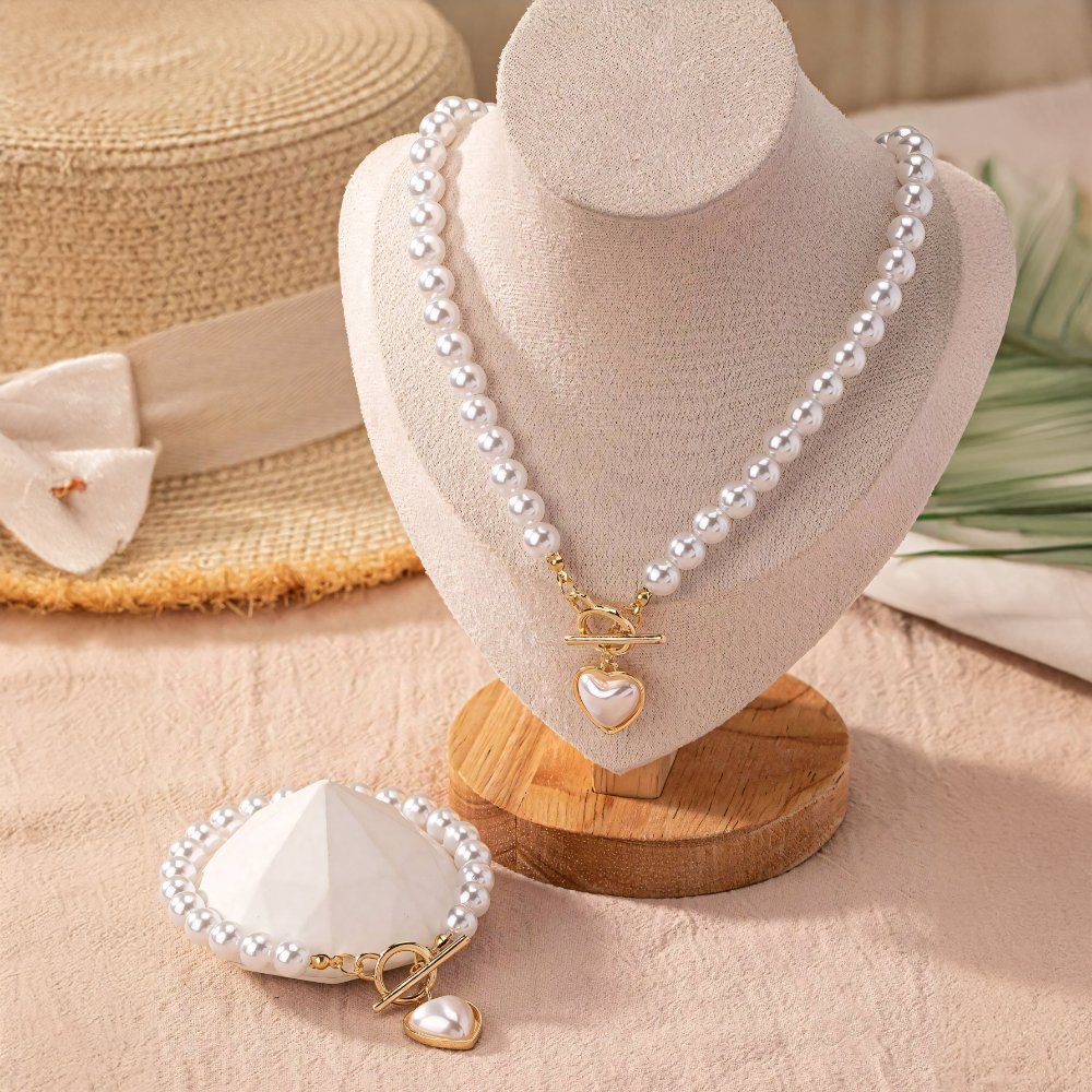2pc Beaded Heart Pendant Bracelet and Necklace Set