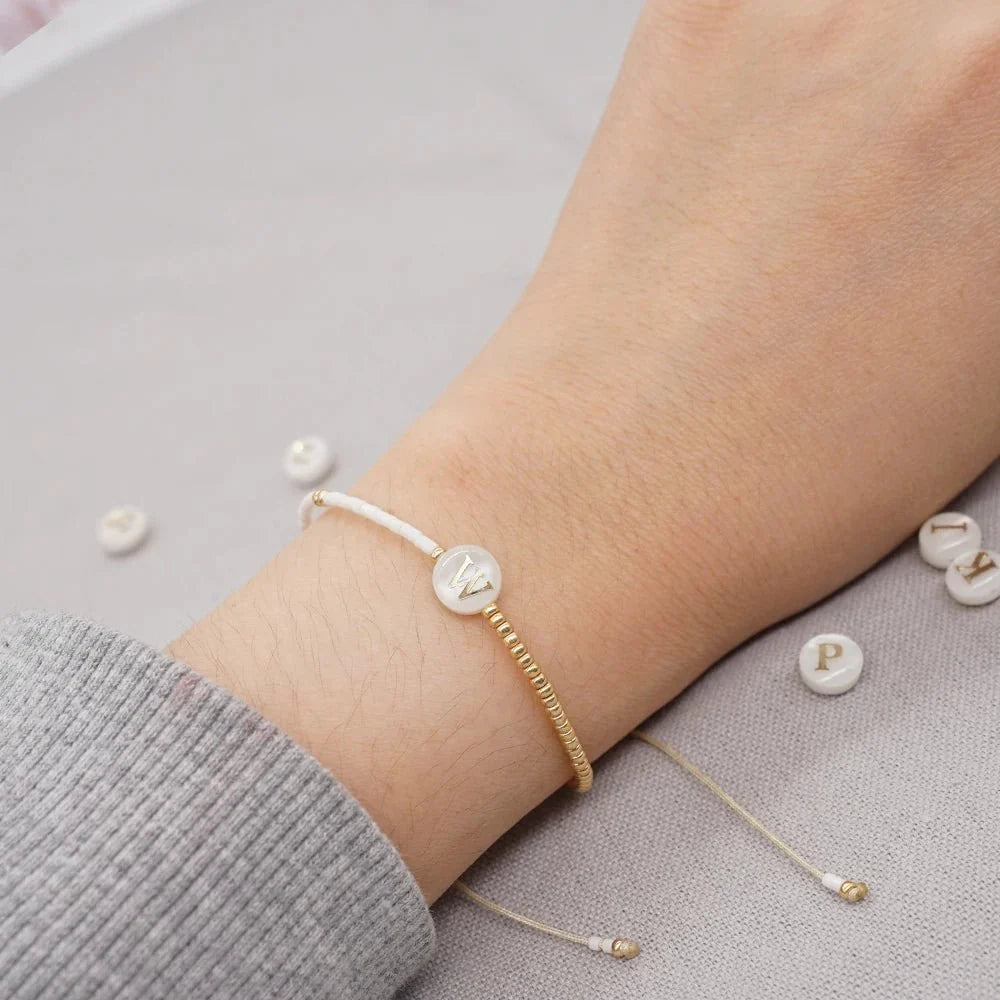 Boho White & Gold Beaded Letter Initial Beaded Bracelets