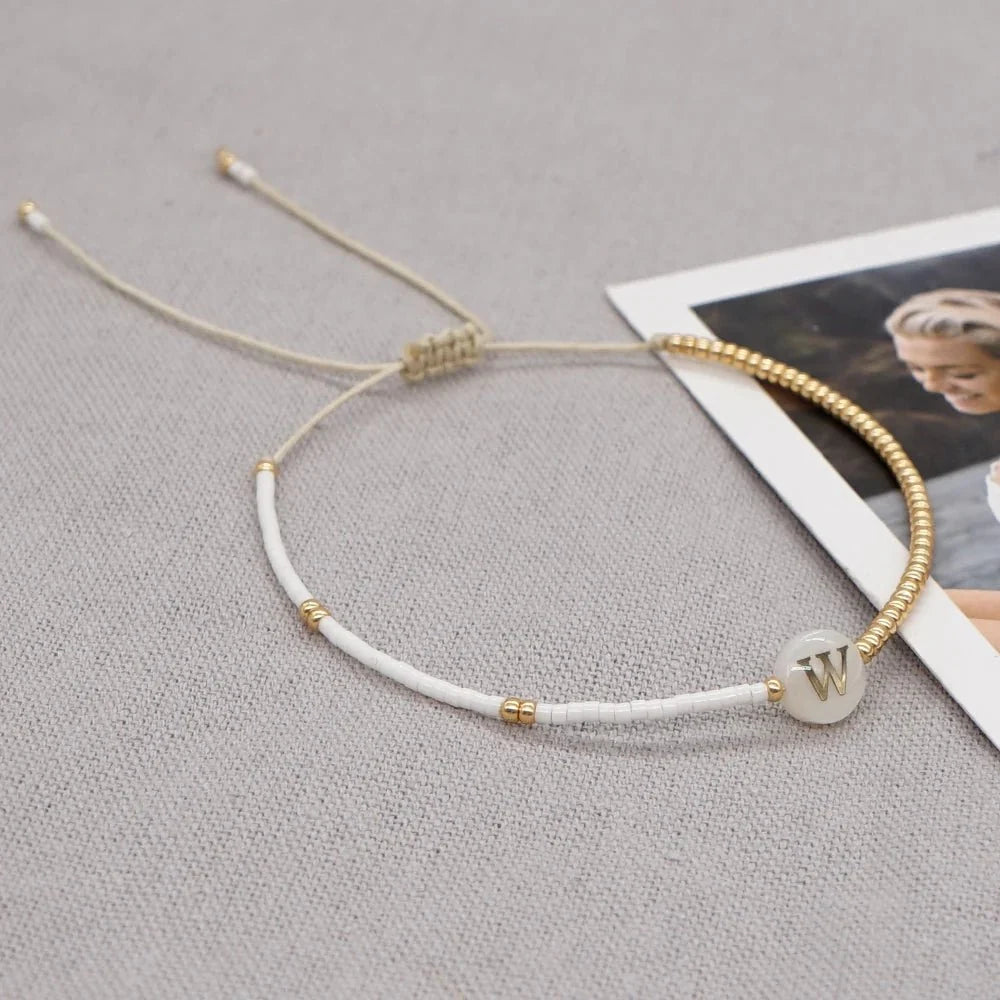 Boho White & Gold Beaded Letter Initial Beaded Bracelets
