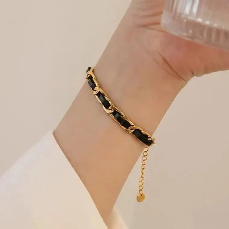 Braided Gold and Black Chain Leather Bracelet
