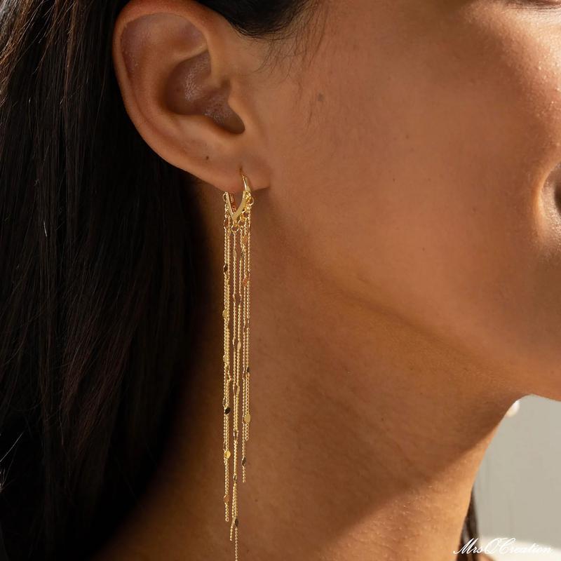 14k Tassel Chain Hoop Earrings