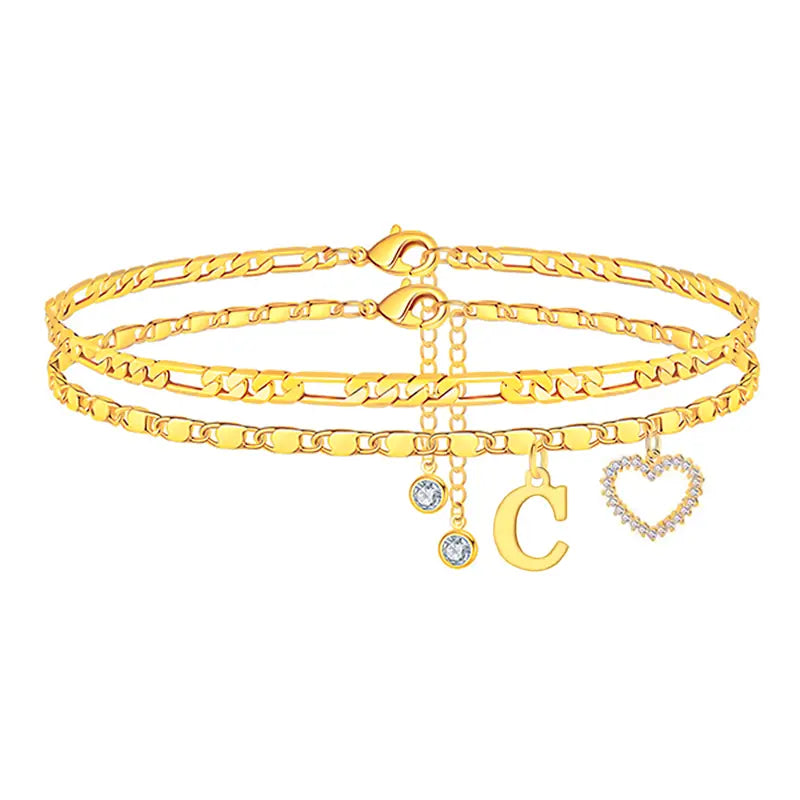 2pc 14k Letter Initial & Diamond Heart Anklet