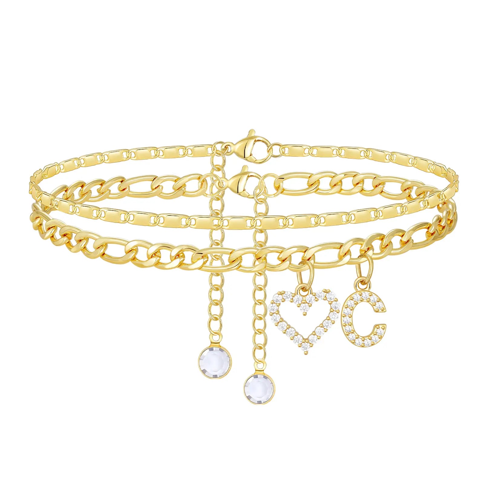 2pc 14k Letter Initial & Diamond Heart Anklet