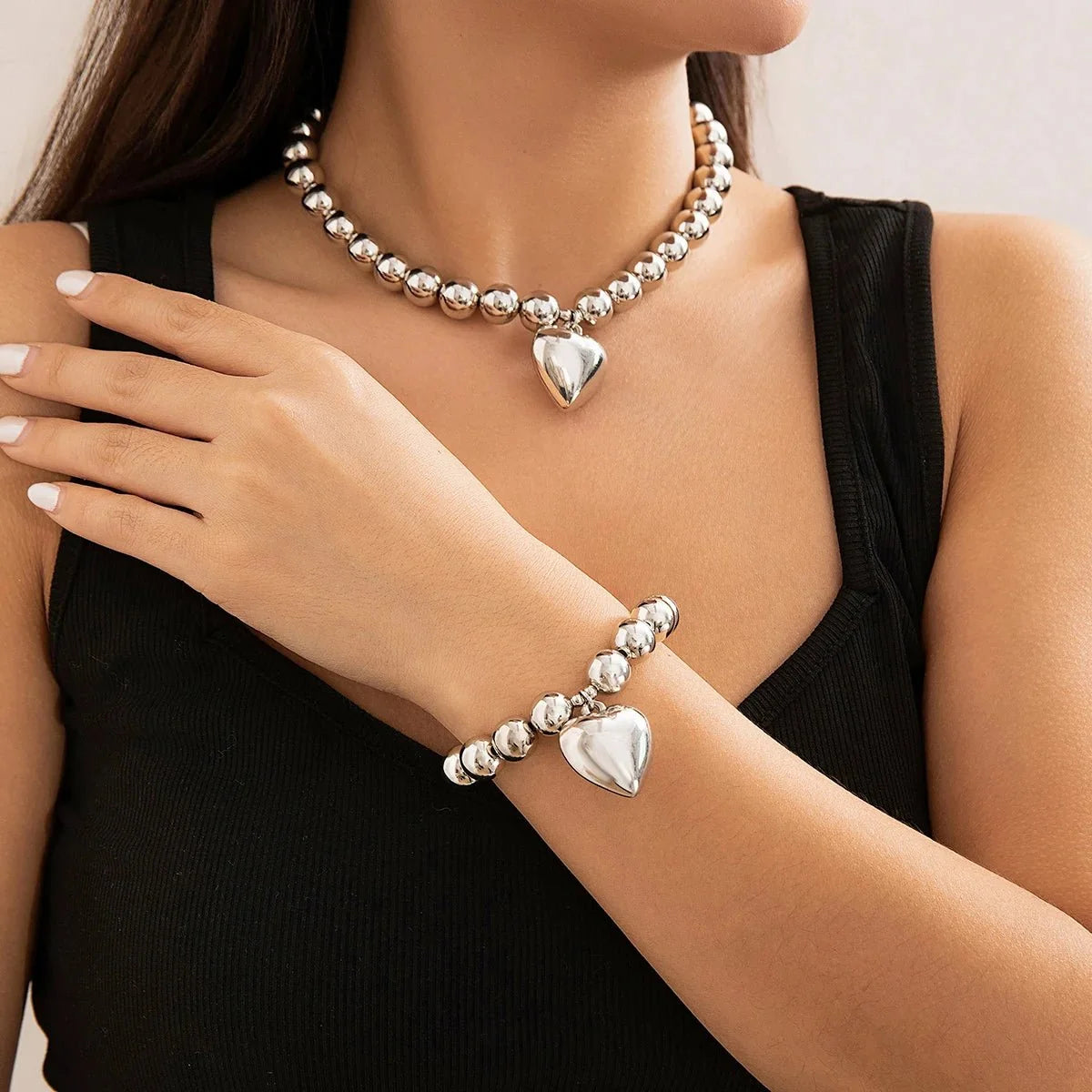 Chunky Heart Pendant Necklace and Bracelet Set