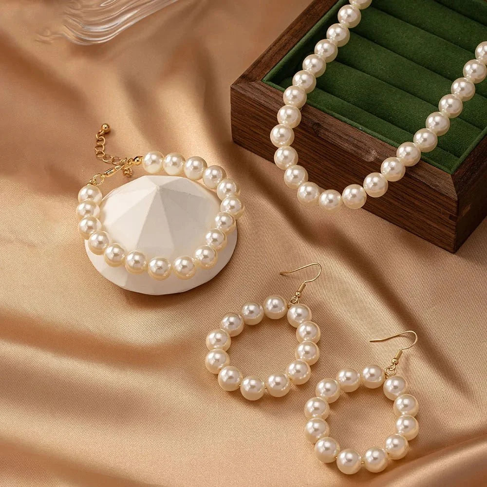 Classy Beaded Pearl Necklace, Bracelet, and Earring Set