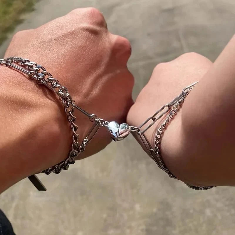 Couples Magnetic Heart Cuban & Paperclip Chain Bracelet Set