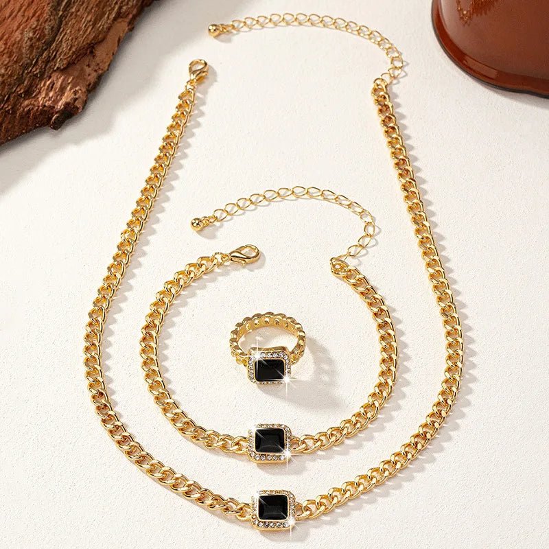 Cuban Square Diamond Necklace, Bracelet, and Ring Set
