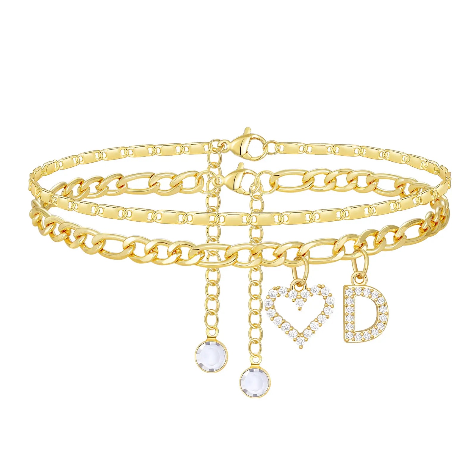 2pc 14k Letter Initial & Diamond Heart Anklet