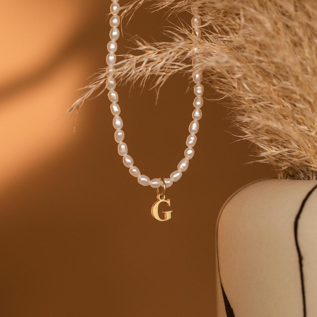 Dainty Beaded Pearl Initial Necklace