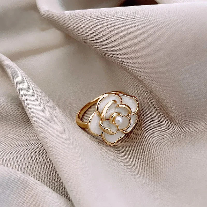 Dainty Blanc Camellia Floral Necklace, Earrings, Ring Jewelry