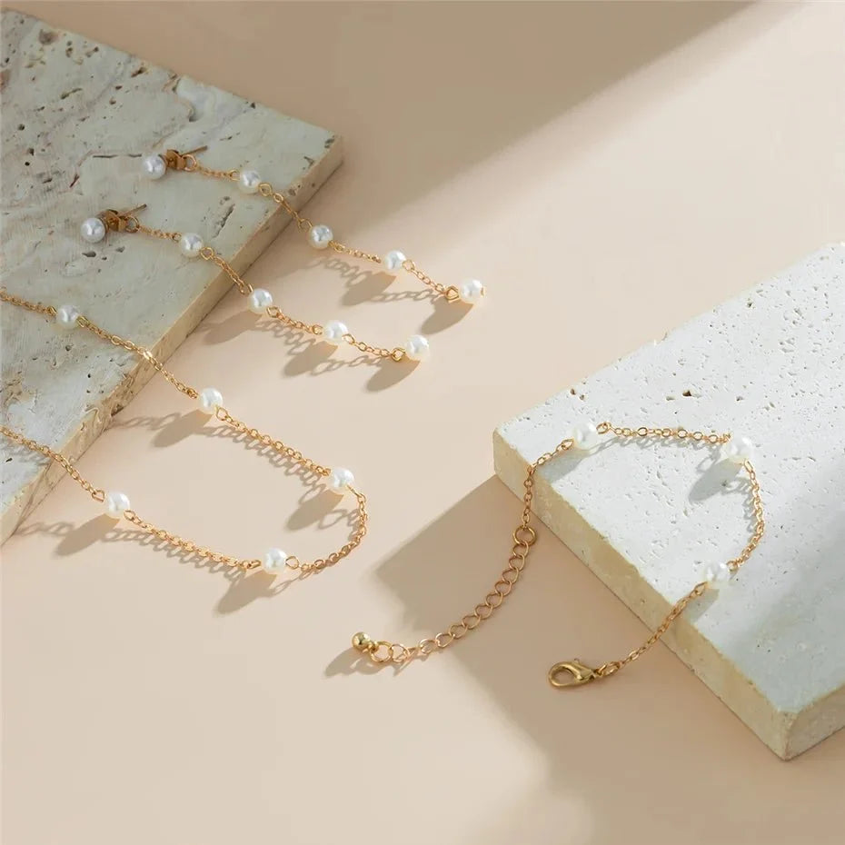 Dainty Chain Pearl Bracelet, Necklace, and Earring Set
