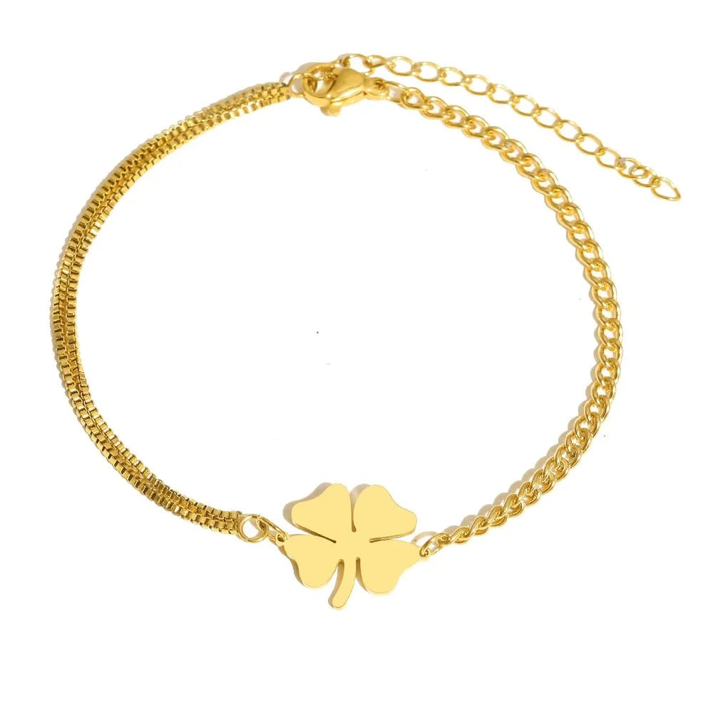 Dainty Four Leaf Clover Layered Chain Bracelet