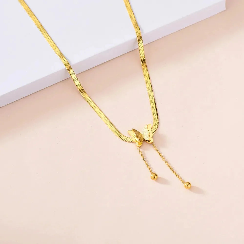 Dainty Herringbone Butterfly Dangle Necklace