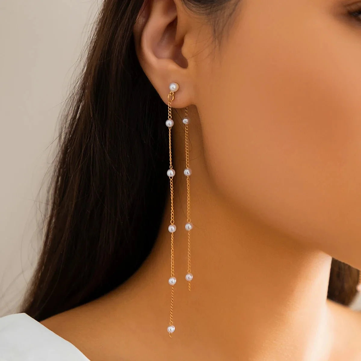 Dainty Pearl Long Tassel Earrings