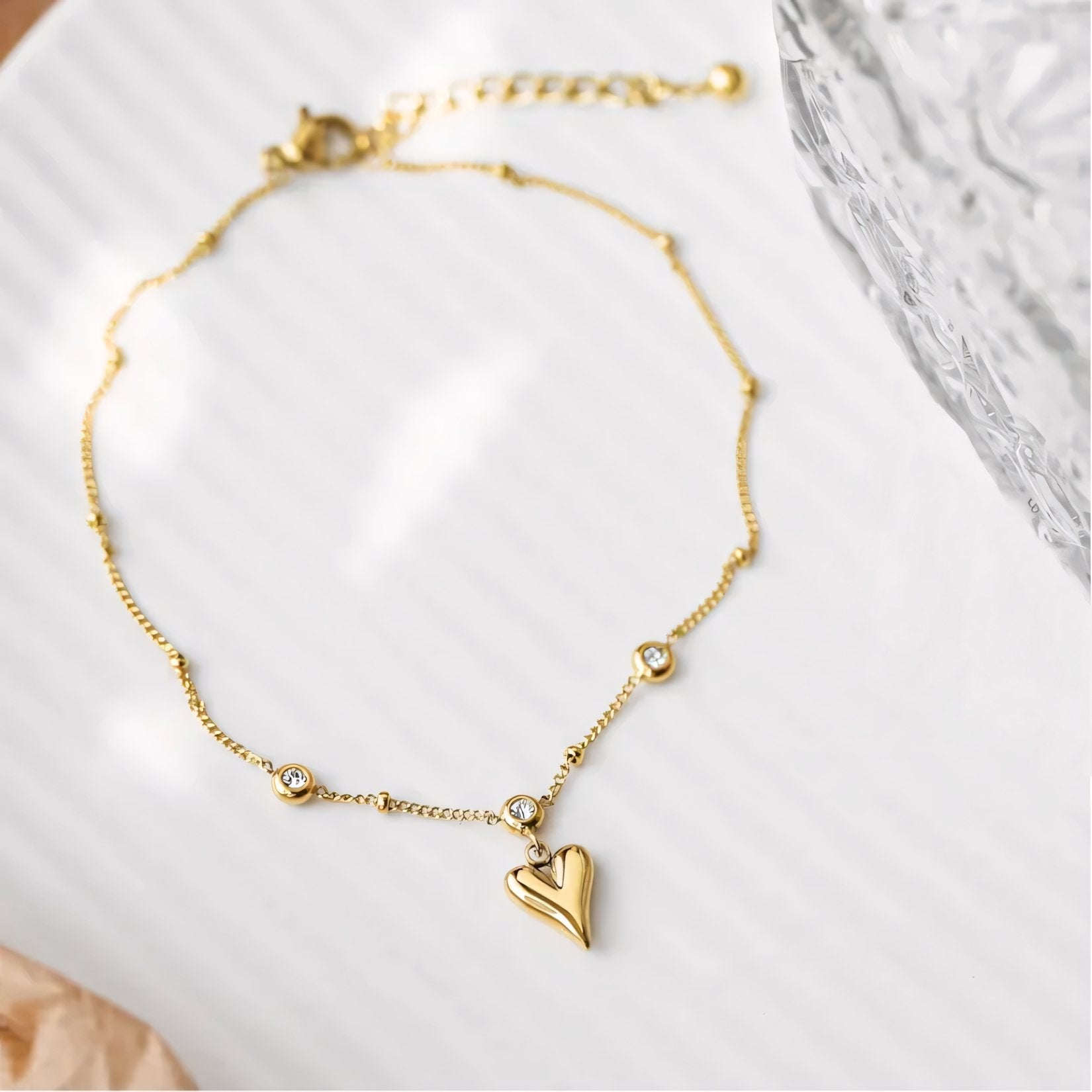 Dainty Romantic Heart Diamond Anklet
