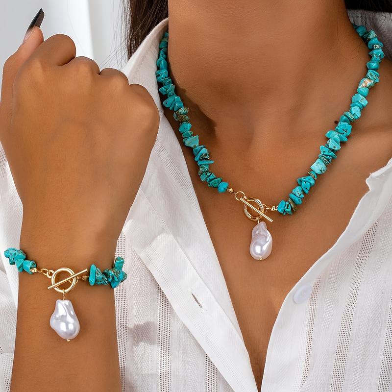 Boho Pearl Pendant Toggle Clasp Necklace & Bracelet Set