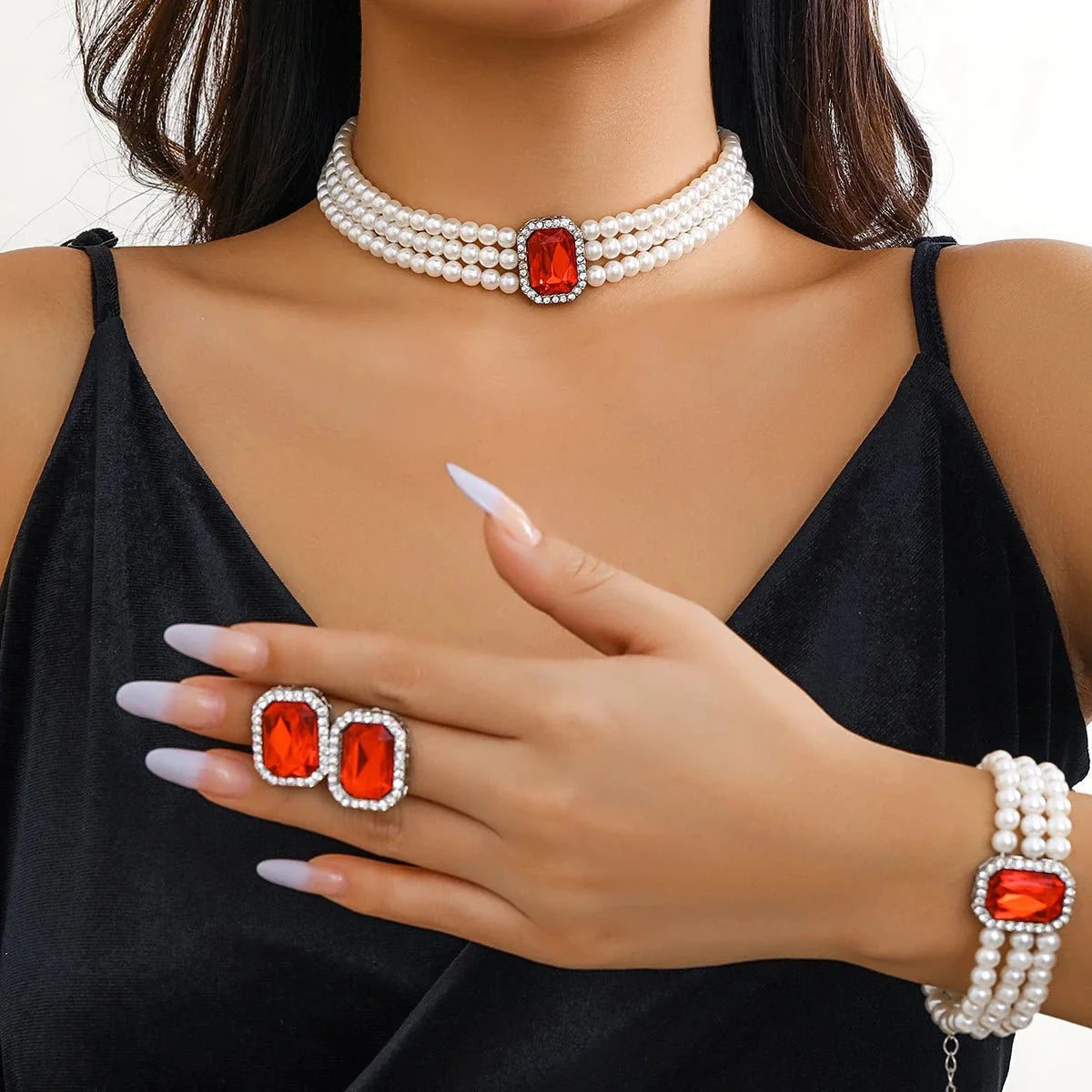 Elegant Pearl Diamond Necklace, Bracelet, and Earring Set