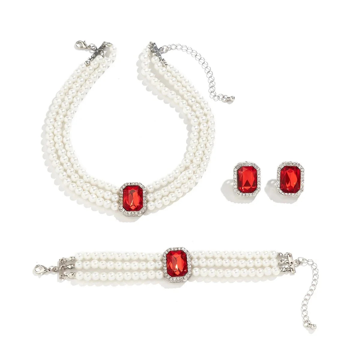 Elegant Pearl Diamond Necklace, Bracelet, and Earring Set