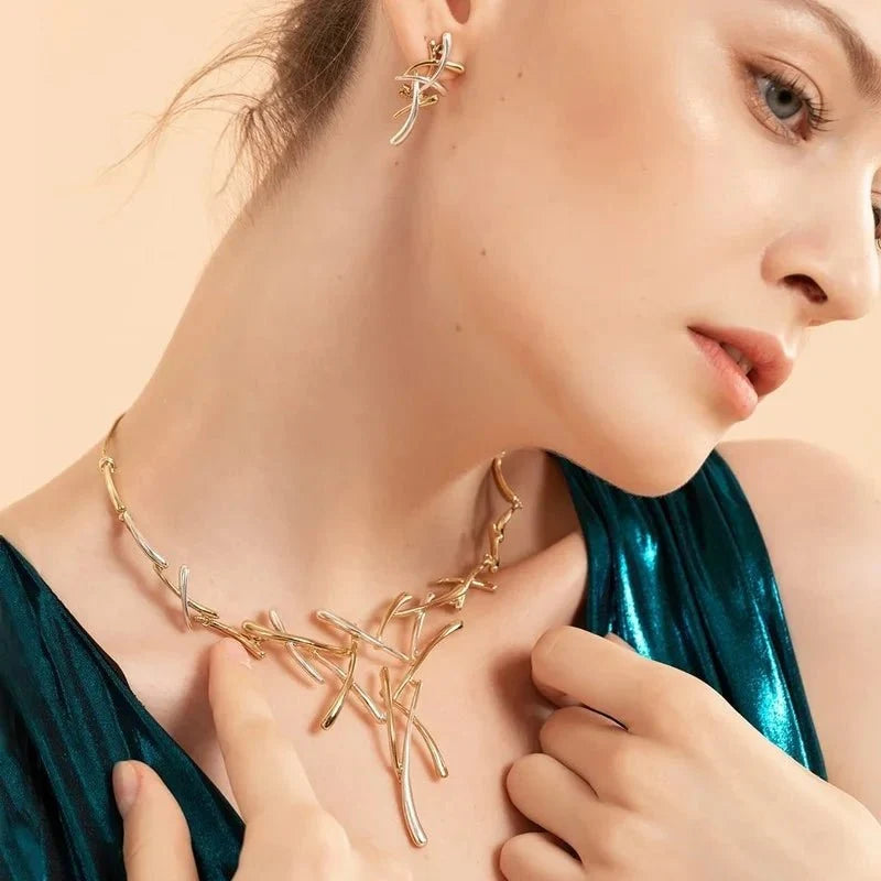 Elegant Two-Tone Branch Cross Necklace and Earring Set