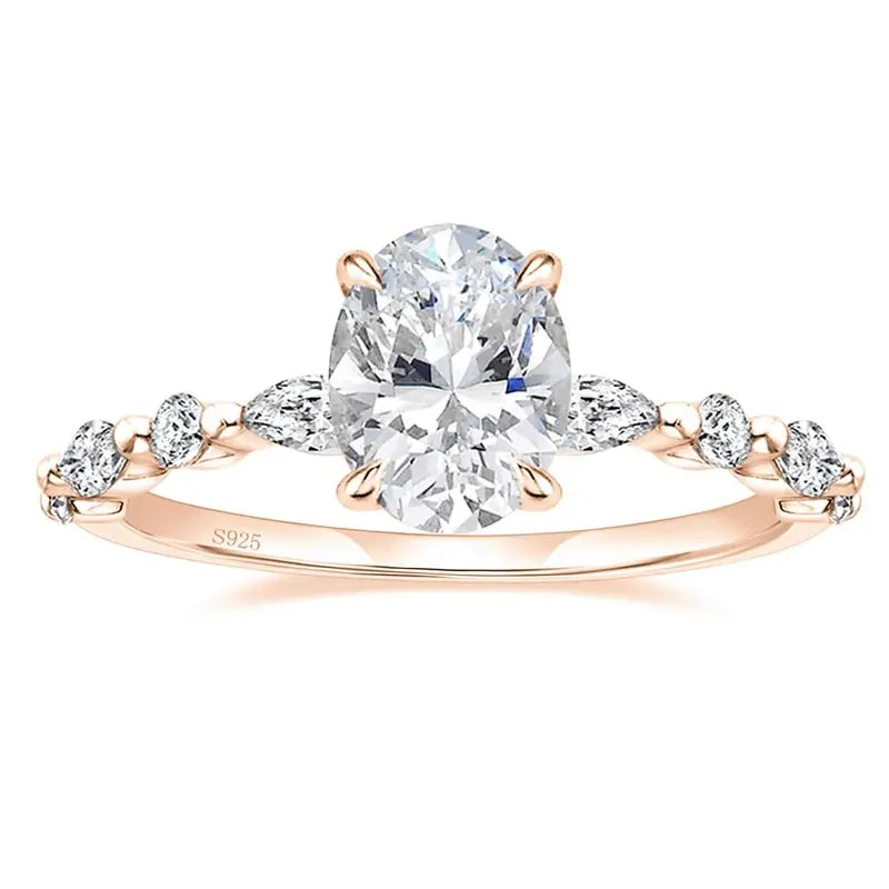 S925 3CT Elegant Oval Set Moissanite Accented Band Ring
