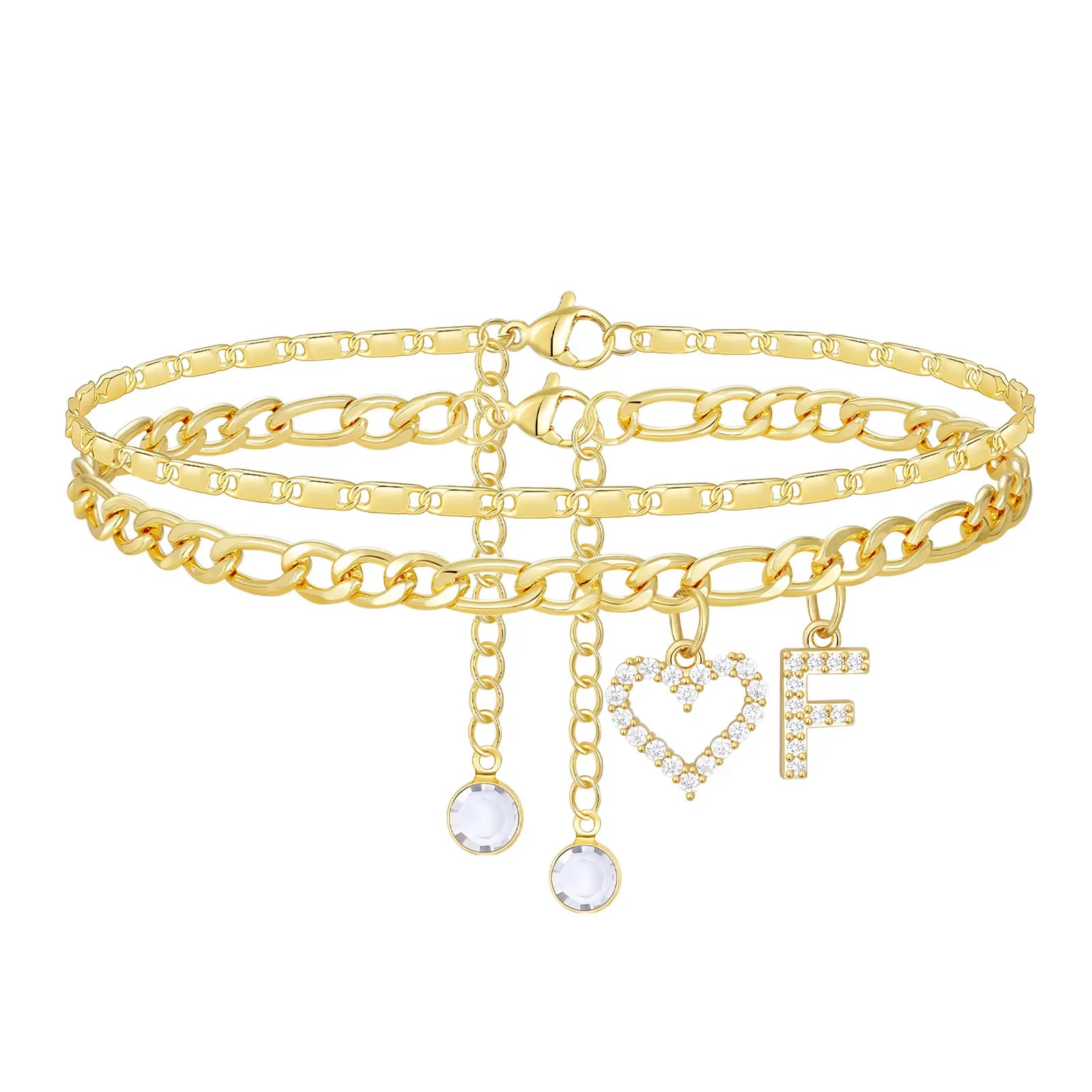 2pc 14k Letter Initial & Diamond Heart Anklet
