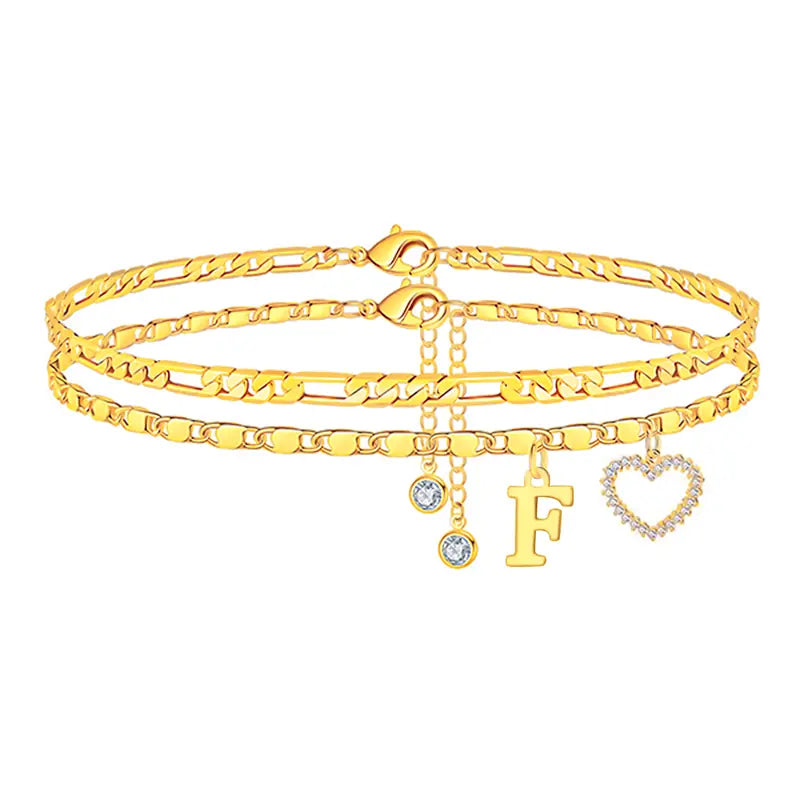 2pc 14k Letter Initial & Diamond Heart Anklet