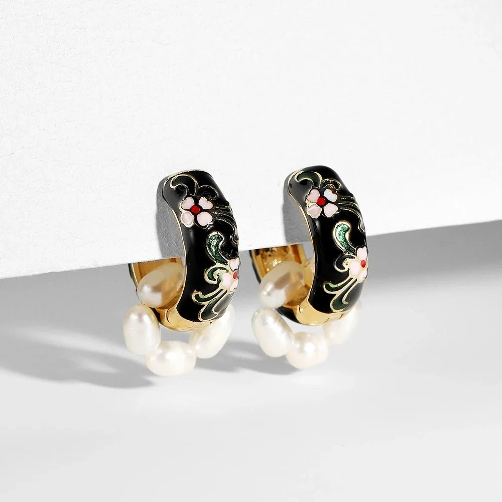 Floral Elegance Pearl Enamel Hoop Earrings