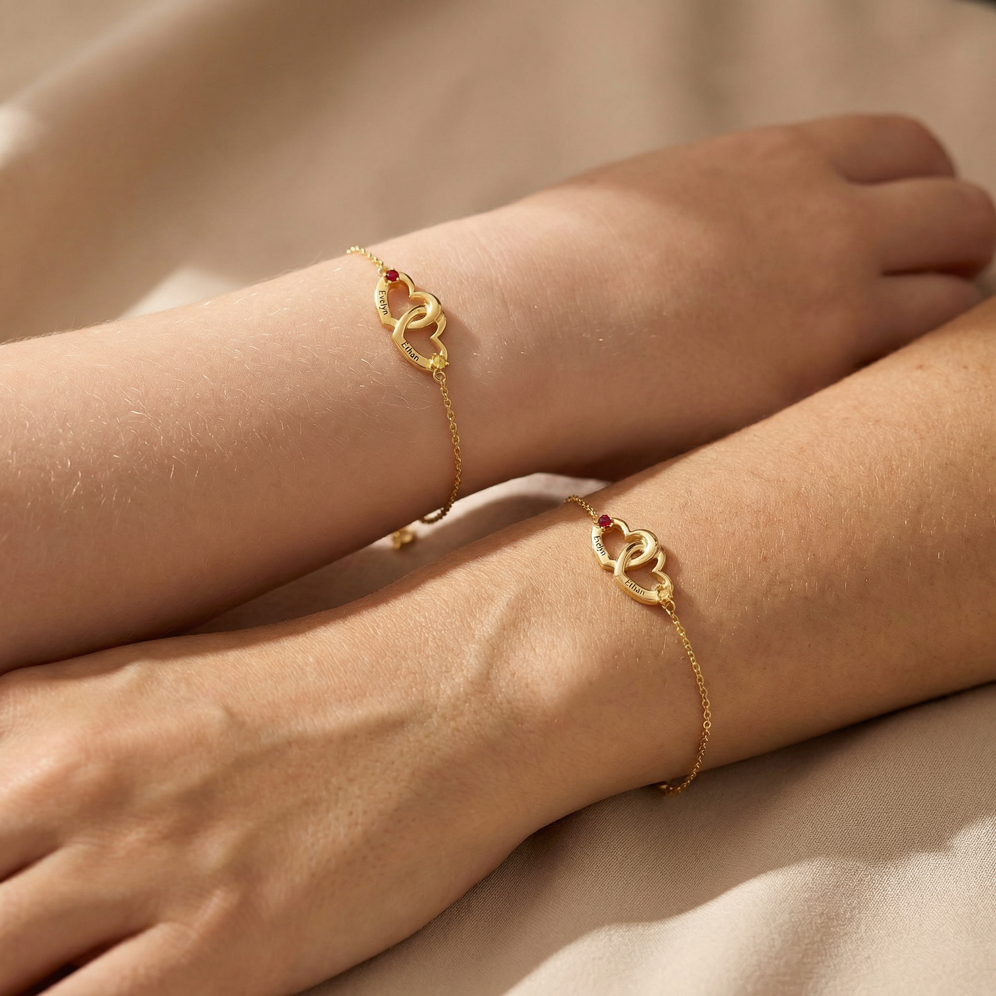 Personalized Name & Birthstone Dual Heart Bracelet
