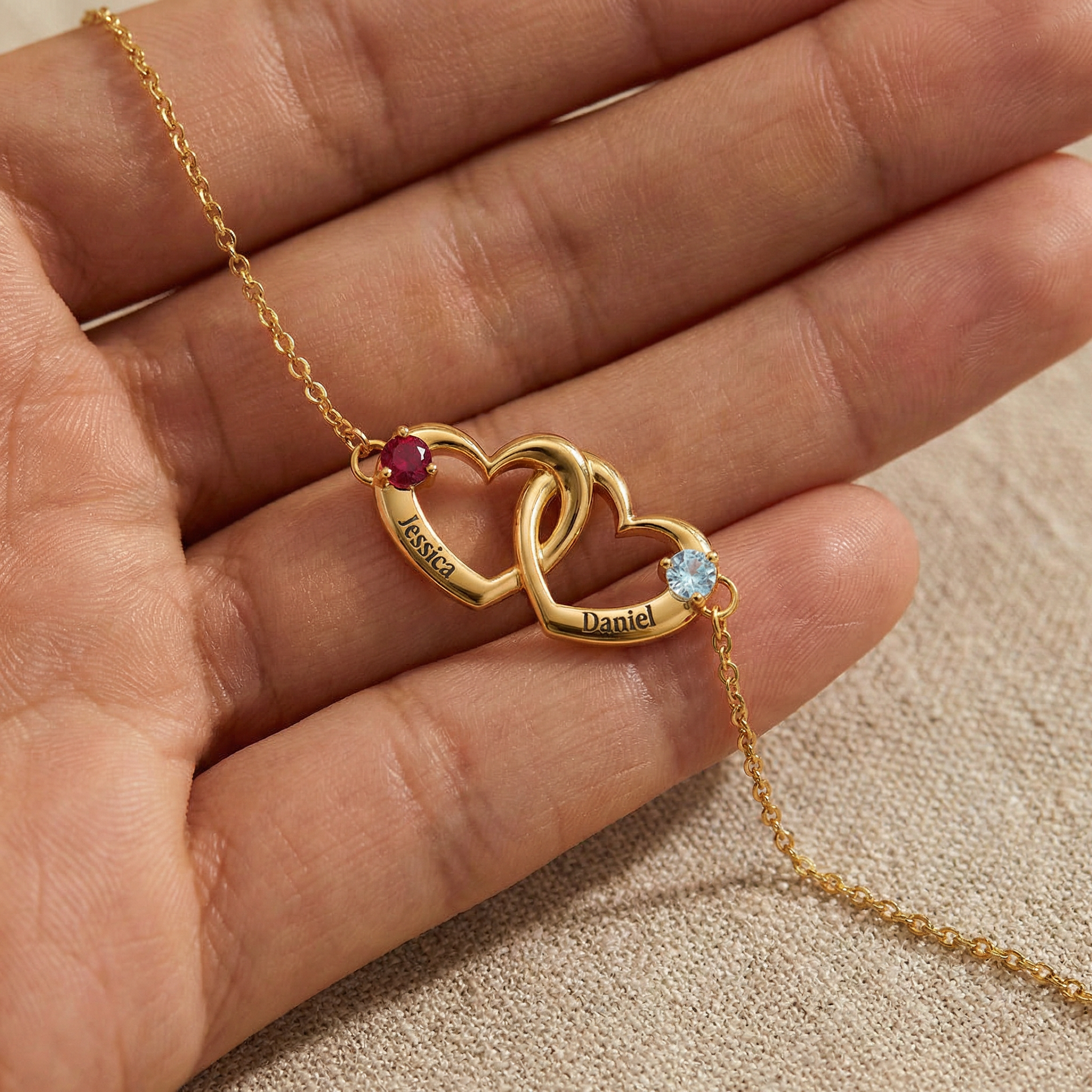 Personalized Name & Birthstone Dual Heart Bracelet