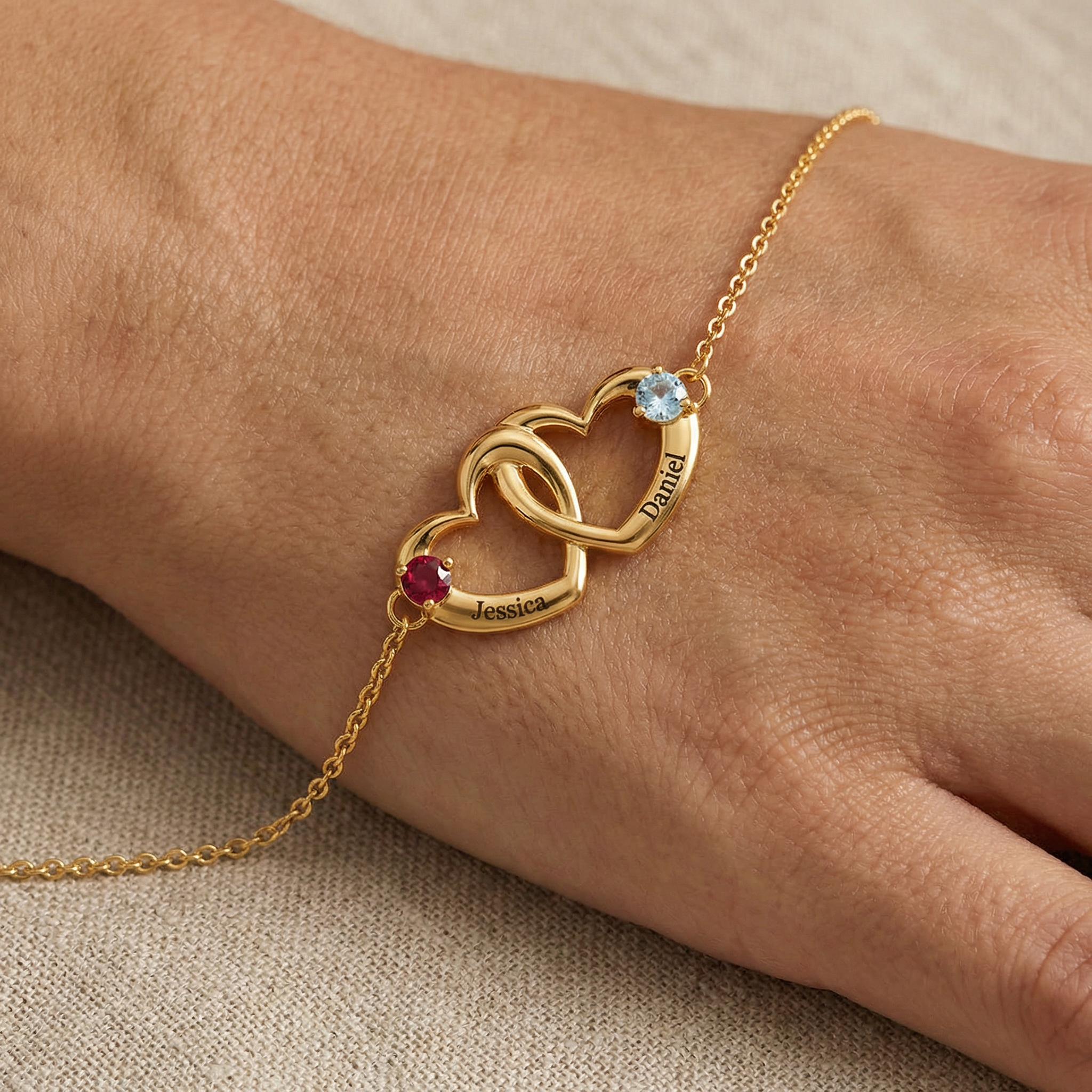 Personalized Name & Birthstone Dual Heart Bracelet