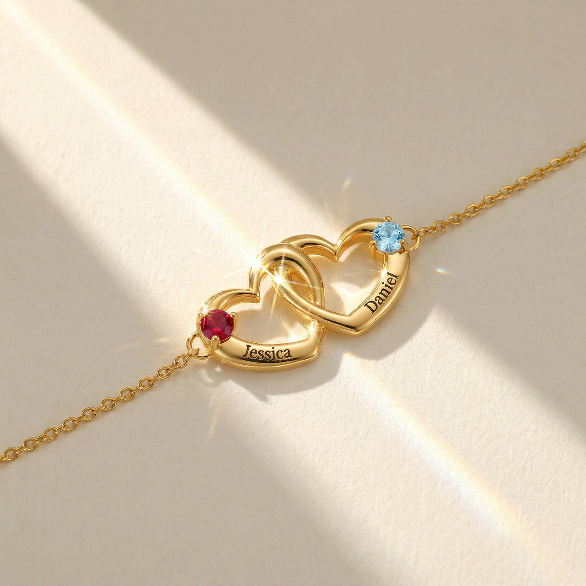 Personalized Name & Birthstone Dual Heart Bracelet